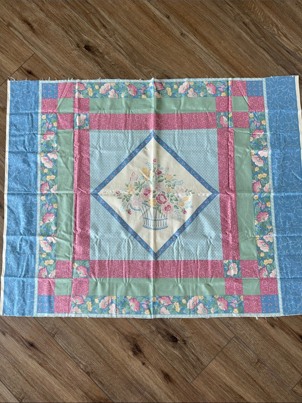 Vintage Floral Basket Quilted Fabric Piece